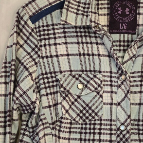 Under Armour Y2K Blue/Purple Plaid Pearl Snap Button Down Flannel Top Size L - Picture 4 of 14